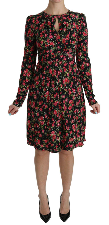 Dolce & Gabbana Black Floral Longsleeve Knee Length Dress - Hilstor