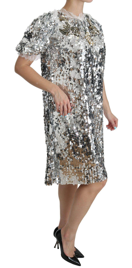 Dolce & Gabbana Elegant Silver A-Line Dress with Crystal Accents - Hilstor