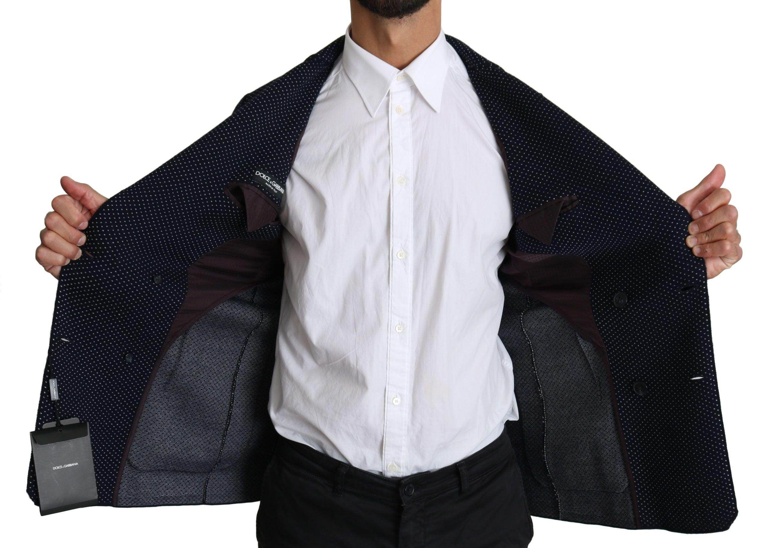 Dolce & Gabbana Dark Blue Dotted Double Breasted Coat Blazer - Hilstor