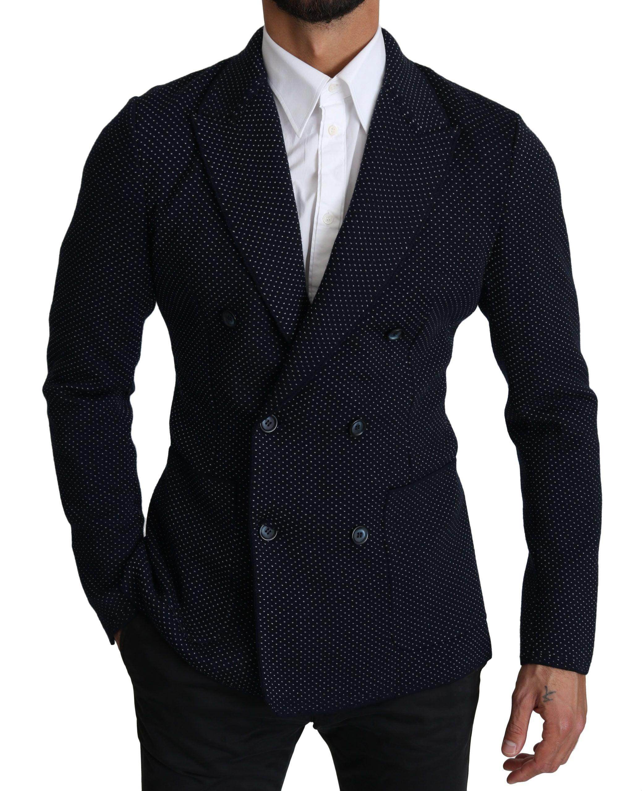 Dolce & Gabbana Dark Blue Dotted Double Breasted Coat Blazer - Hilstor