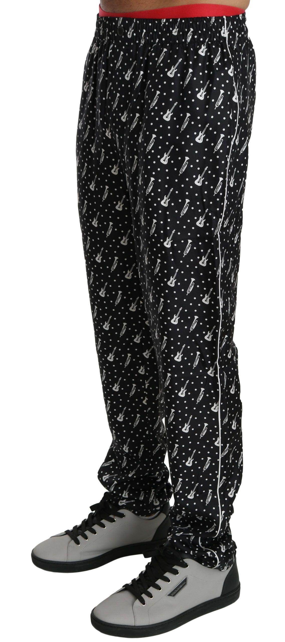 Dolce & Gabbana Elegant Black Musical Instrument Print Silk Pants - Hilstor