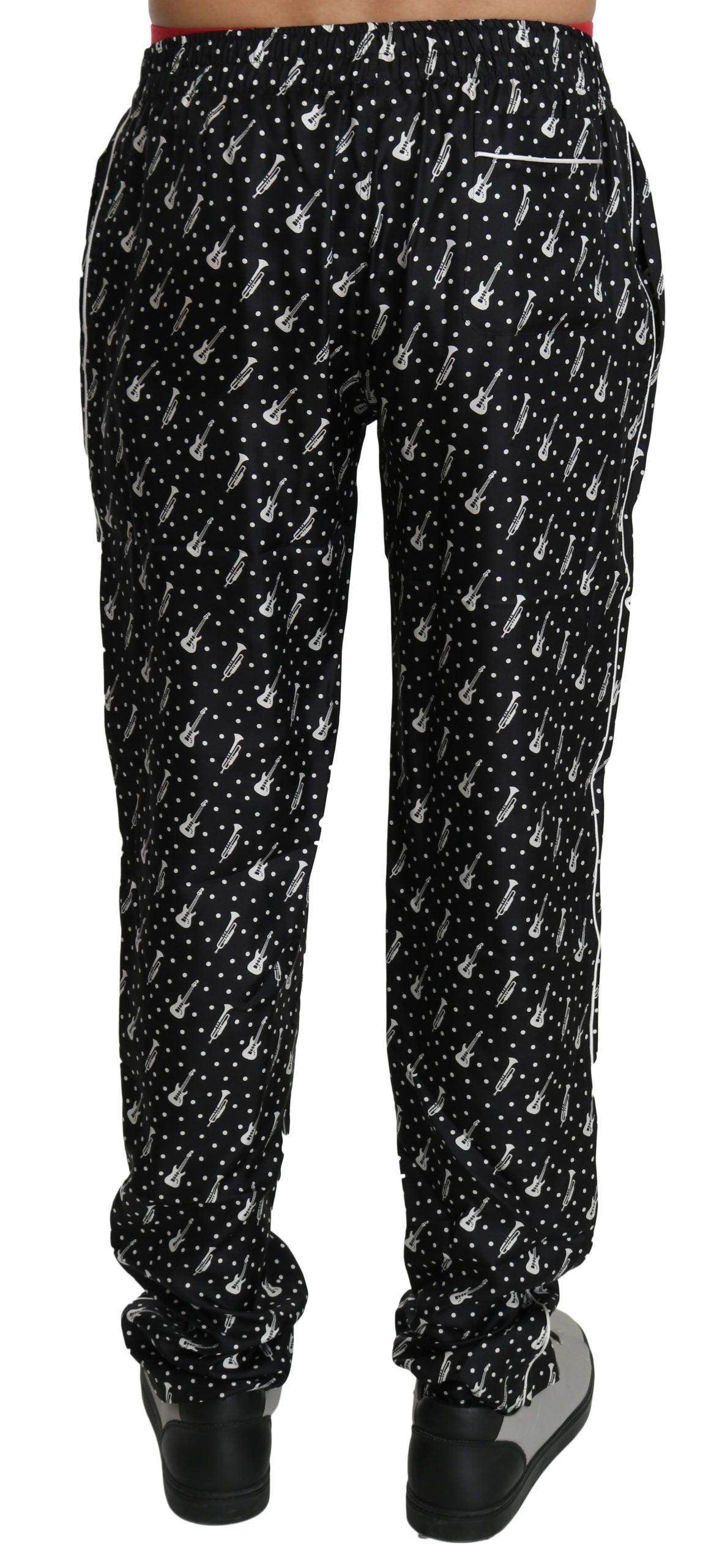 Dolce & Gabbana Elegant Black Musical Instrument Print Silk Pants - Hilstor