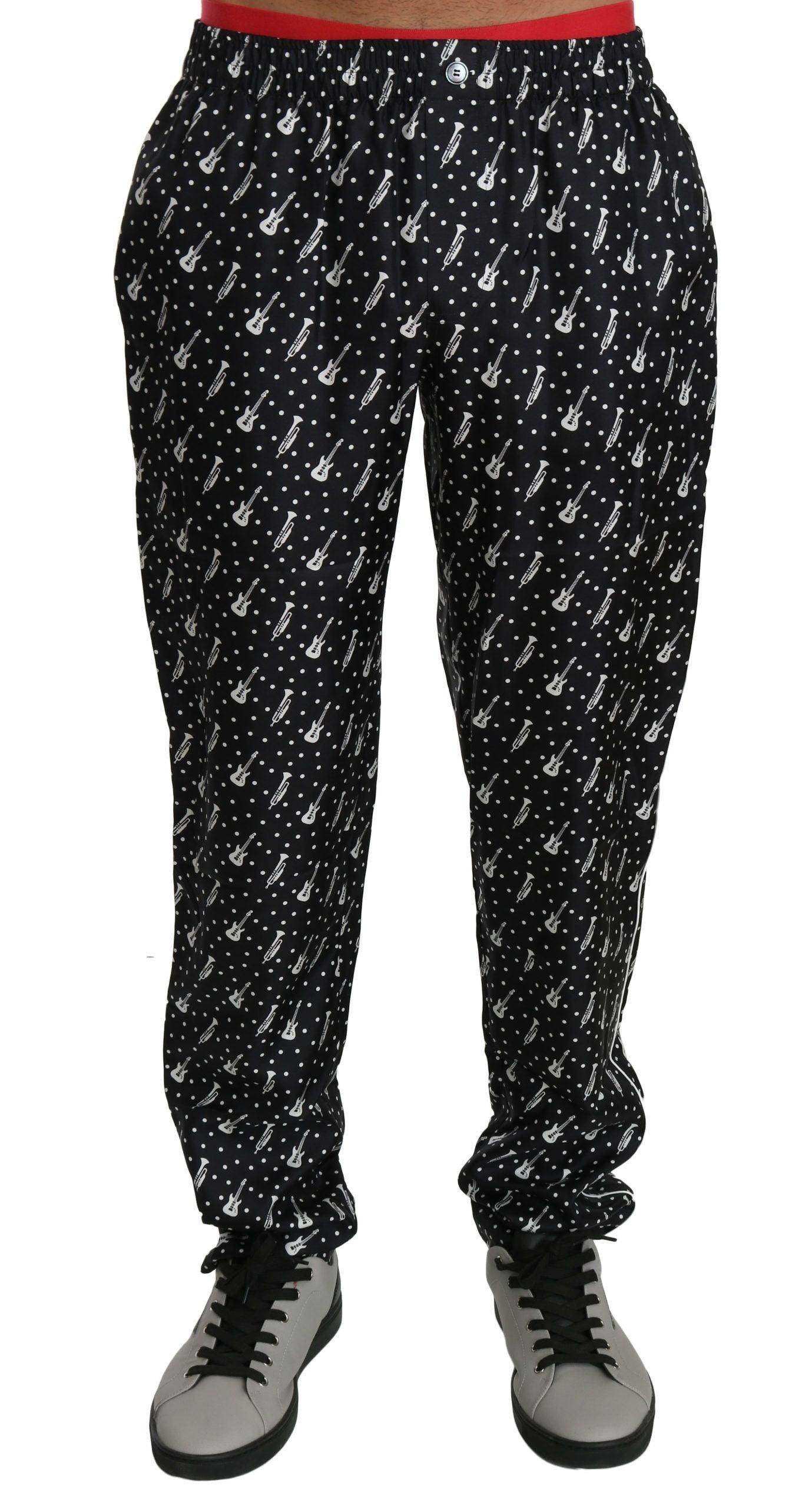 Dolce & Gabbana Elegant Black Musical Instrument Print Silk Pants - Hilstor