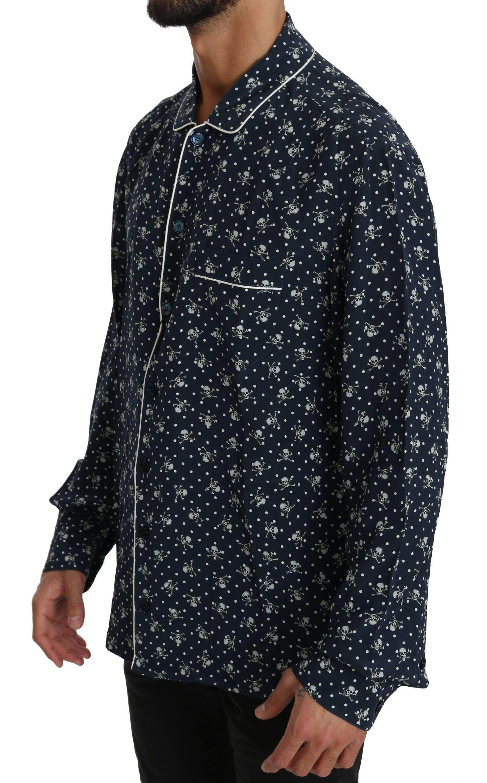 Dolce & Gabbana Silken Elegance: Blue Skull Print Lounge Shirt - Hilstor