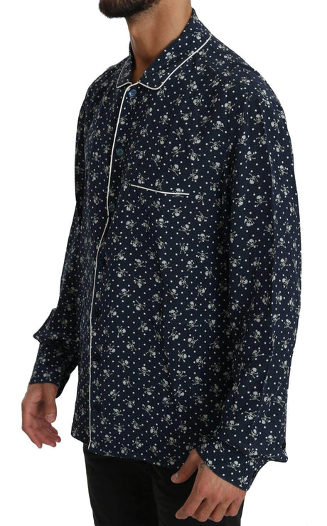 Dolce & Gabbana Silken Elegance: Blue Skull Print Lounge Shirt - Hilstor