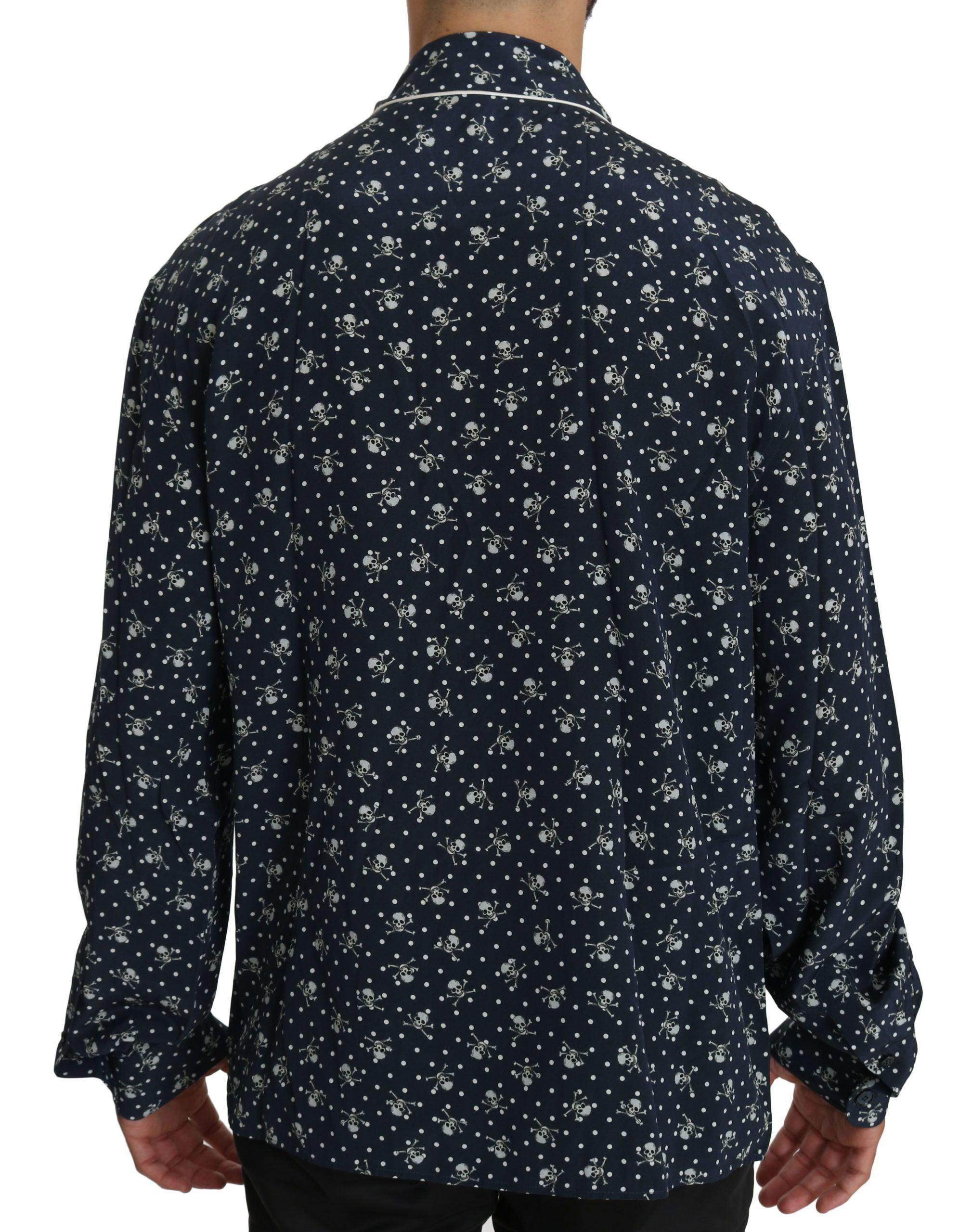 Dolce & Gabbana Silken Elegance: Blue Skull Print Lounge Shirt - Hilstor
