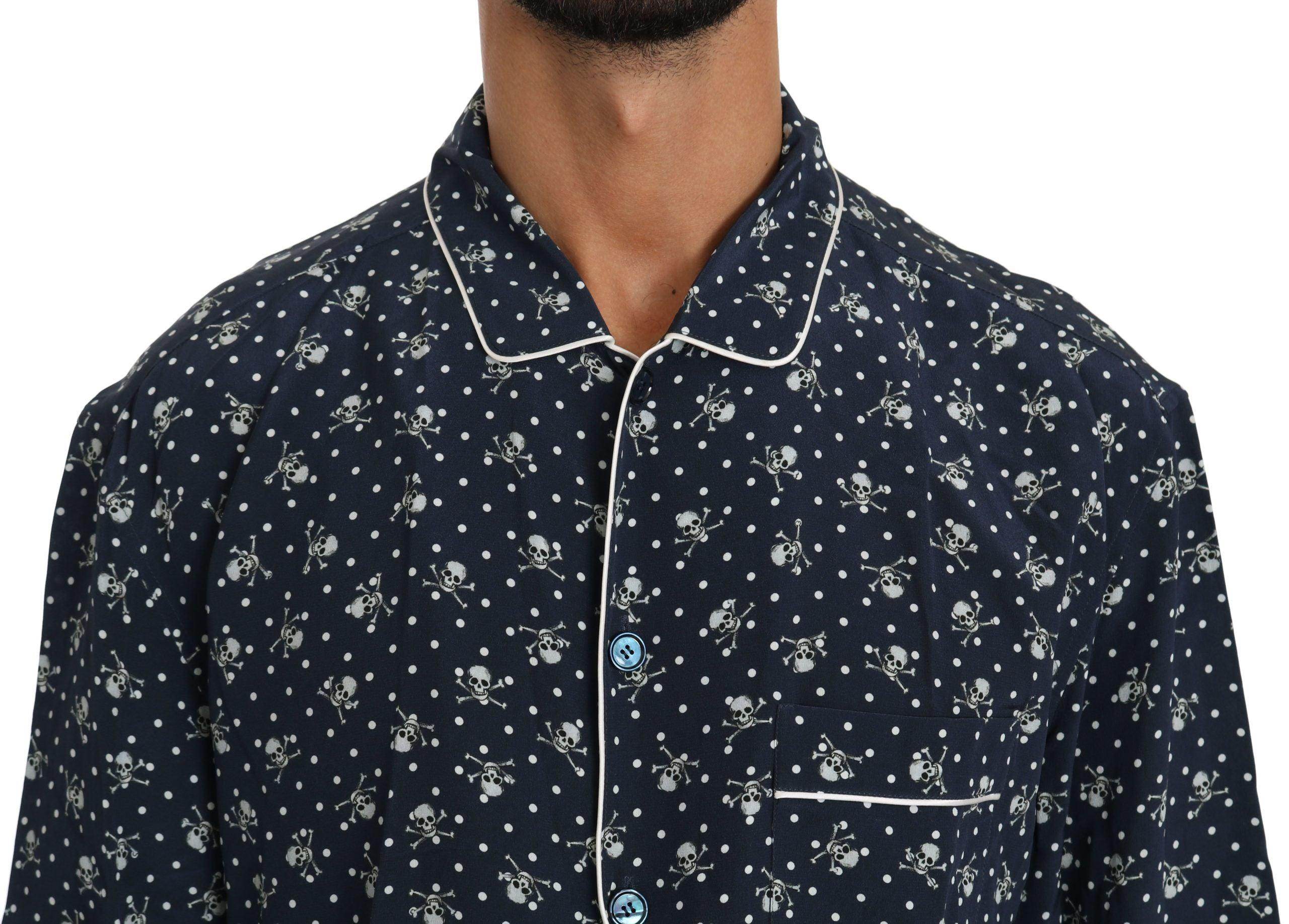 Dolce & Gabbana Silken Elegance: Blue Skull Print Lounge Shirt - Hilstor