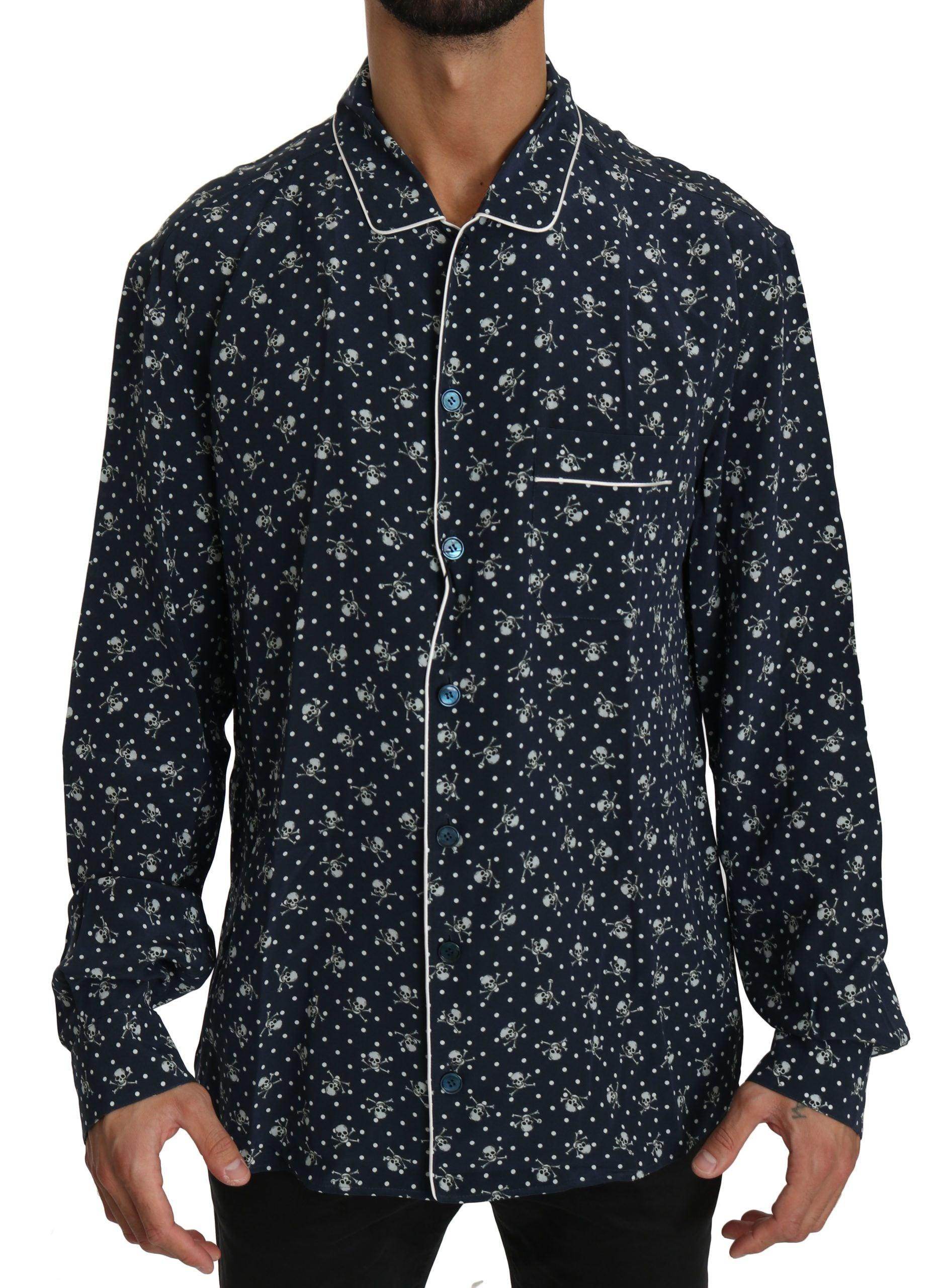 Dolce & Gabbana Silken Elegance: Blue Skull Print Lounge Shirt - Hilstor