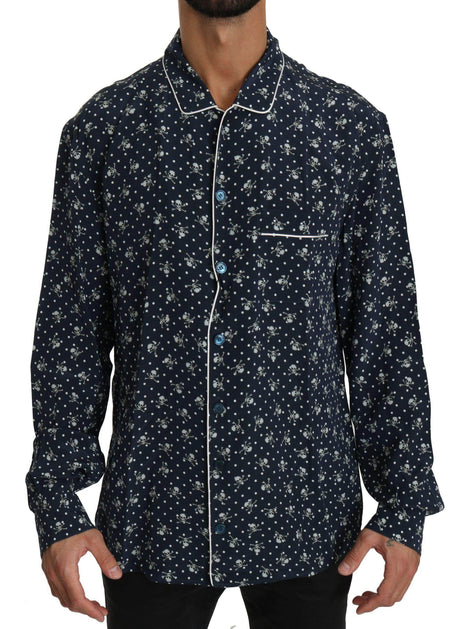 Dolce & Gabbana Silken Elegance: Blue Skull Print Lounge Shirt - Hilstor