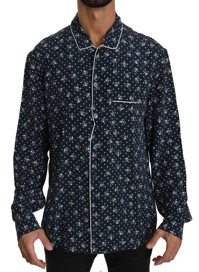 Dolce & Gabbana Silken Elegance: Blue Skull Print Lounge Shirt - Hilstor