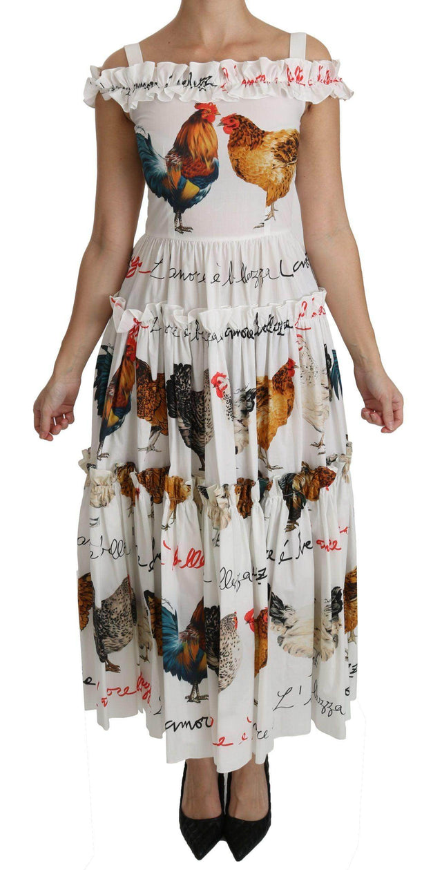 Dolce & Gabbana White Rooster Sheath Midi Cotton Dress - Hilstor