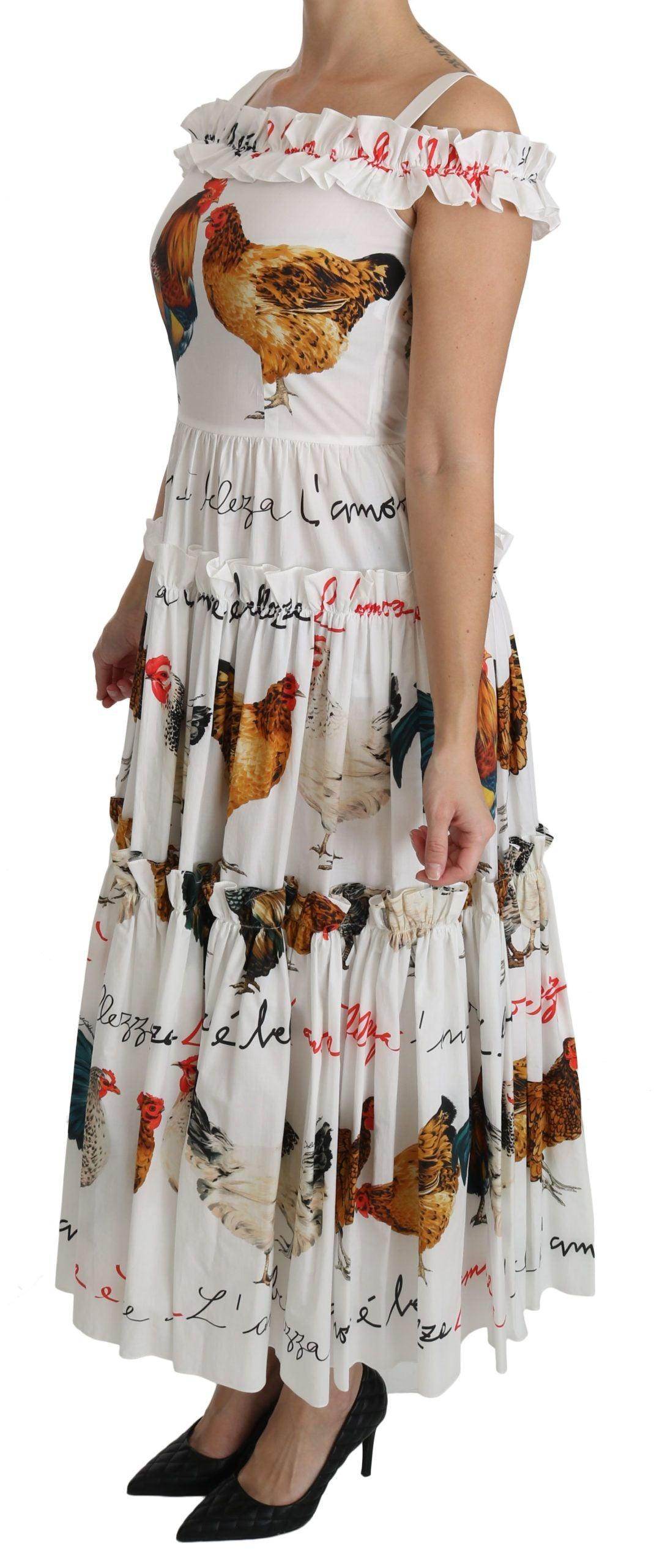 Dolce & Gabbana White Rooster Sheath Midi Cotton Dress - Hilstor