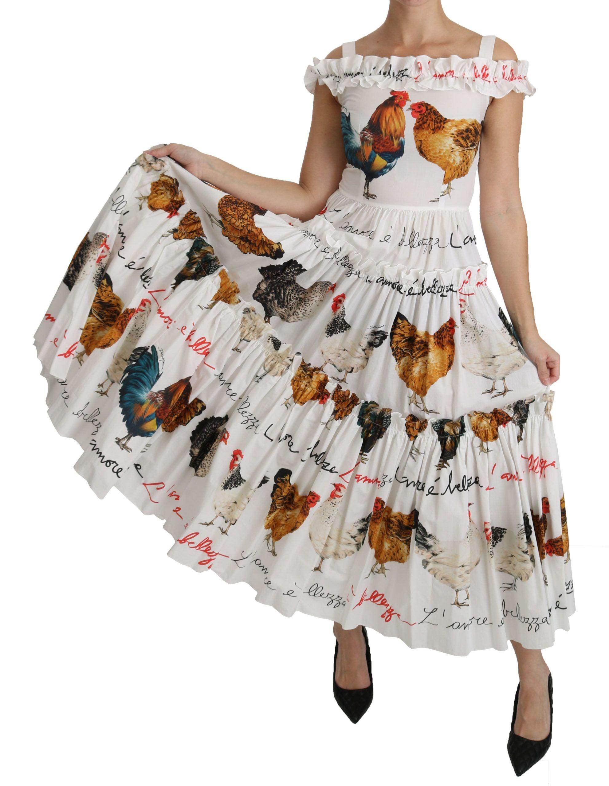 Dolce & Gabbana White Rooster Sheath Midi Cotton Dress - Hilstor