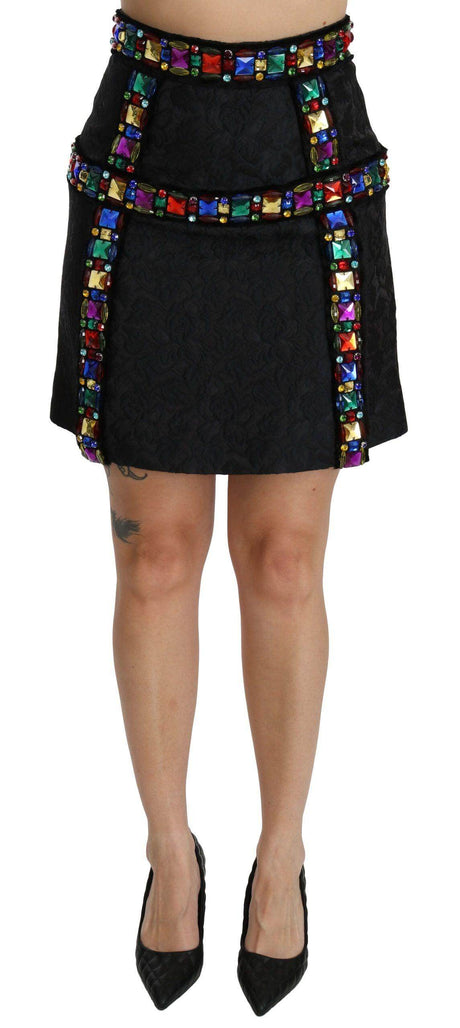 Dolce & Gabbana Elegant High-Waist Embellished Black Skirt - Hilstor