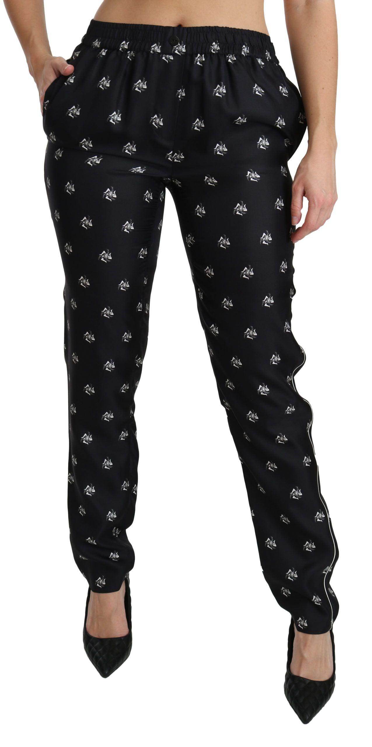 Dolce & Gabbana Black Printed Mid Waist Skinny Silk Pants - Hilstor