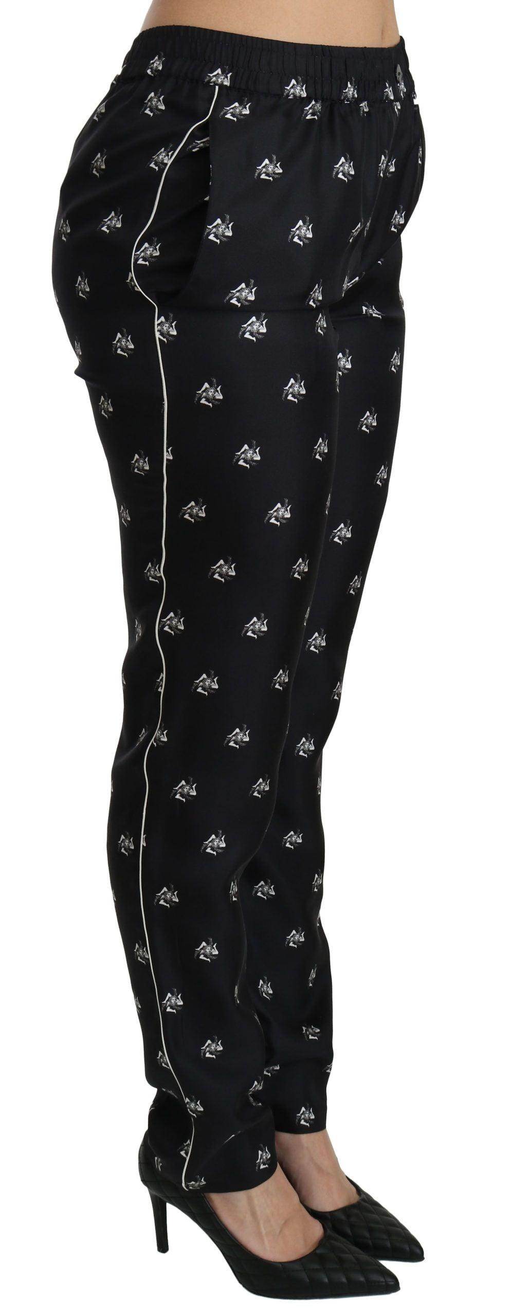 Dolce & Gabbana Black Printed Mid Waist Skinny Silk Pants - Hilstor