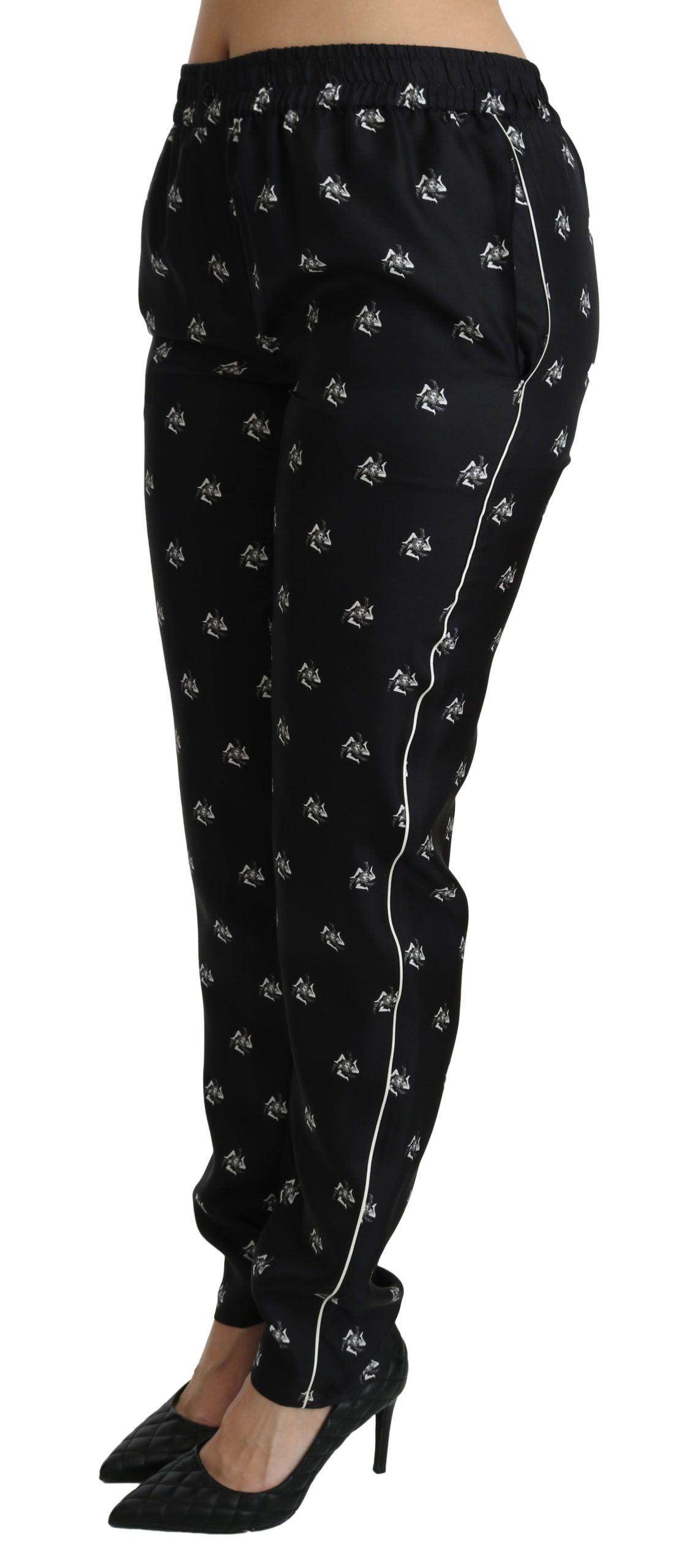 Dolce & Gabbana Black Printed Mid Waist Skinny Silk Pants - Hilstor