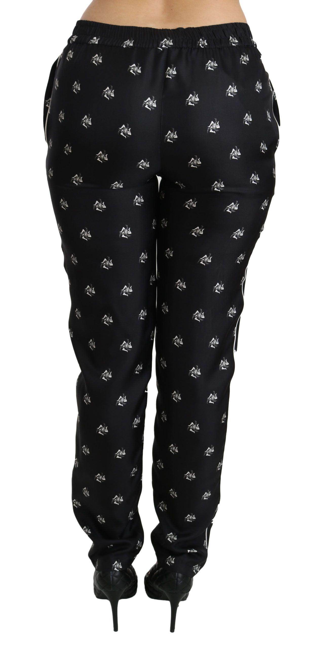 Dolce & Gabbana Black Printed Mid Waist Skinny Silk Pants - Hilstor