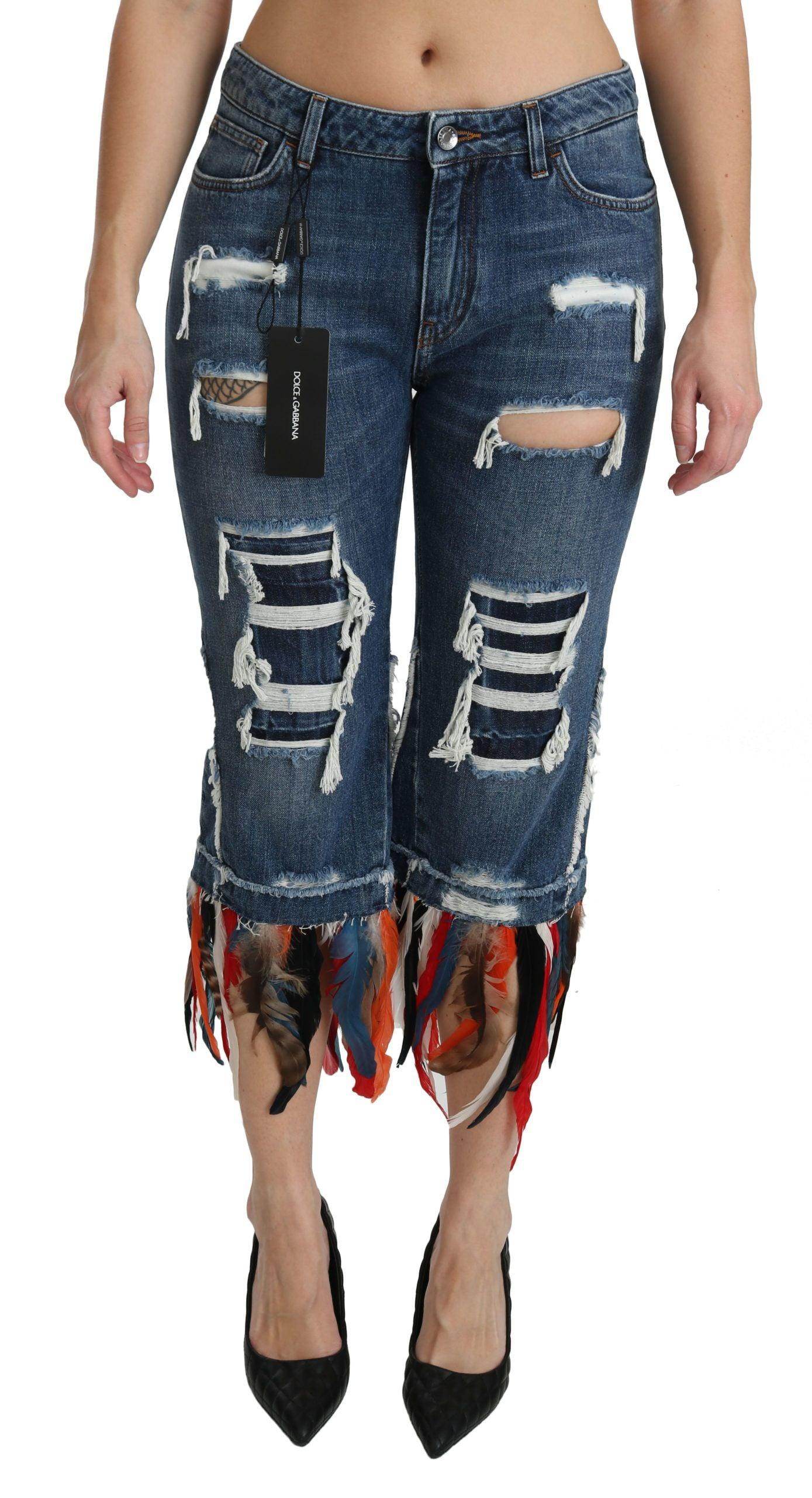 Dolce & Gabbana Blue Feathers Low Waist Cropped Cotton Jeans - Hilstor