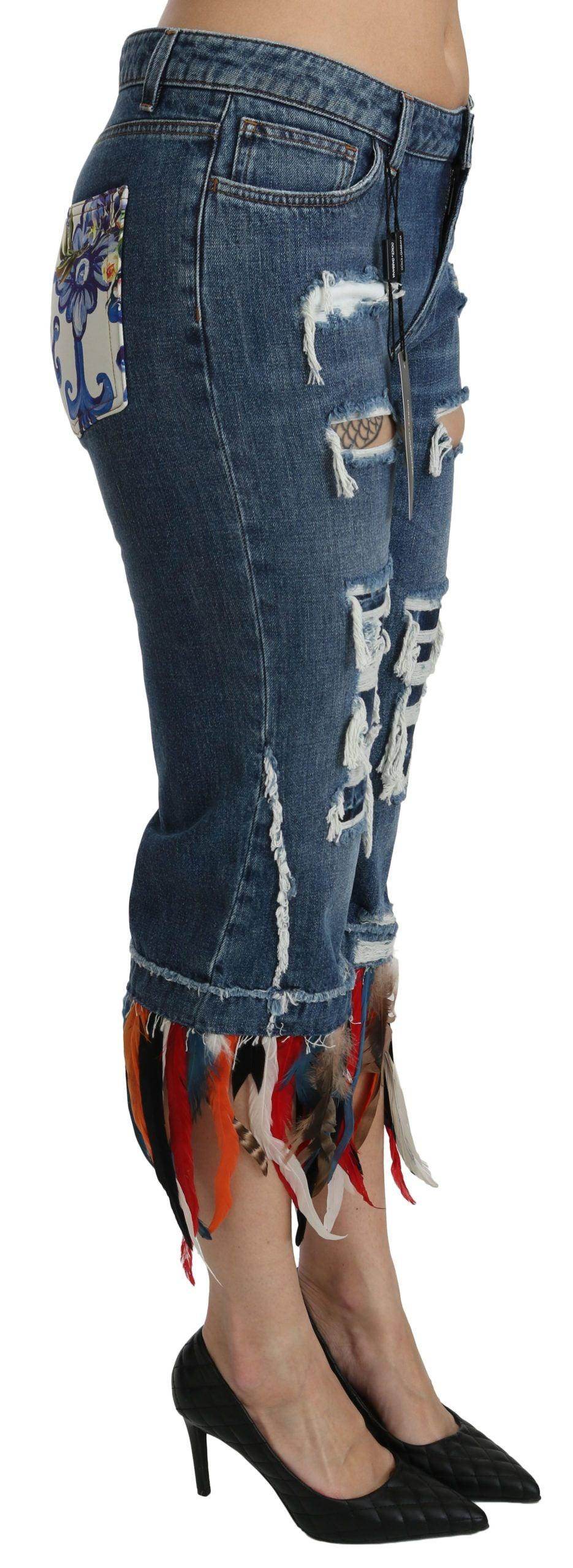Dolce & Gabbana Blue Feathers Low Waist Cropped Cotton Jeans - Hilstor