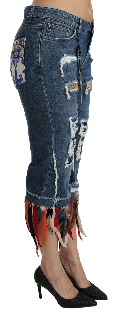 Dolce & Gabbana Blue Feathers Low Waist Cropped Cotton Jeans - Hilstor