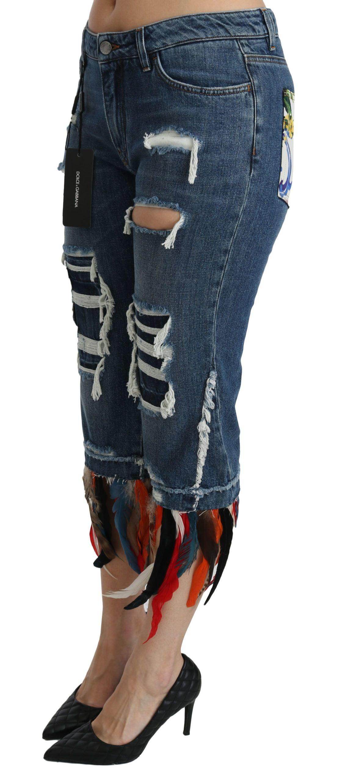 Dolce & Gabbana Blue Feathers Low Waist Cropped Cotton Jeans - Hilstor