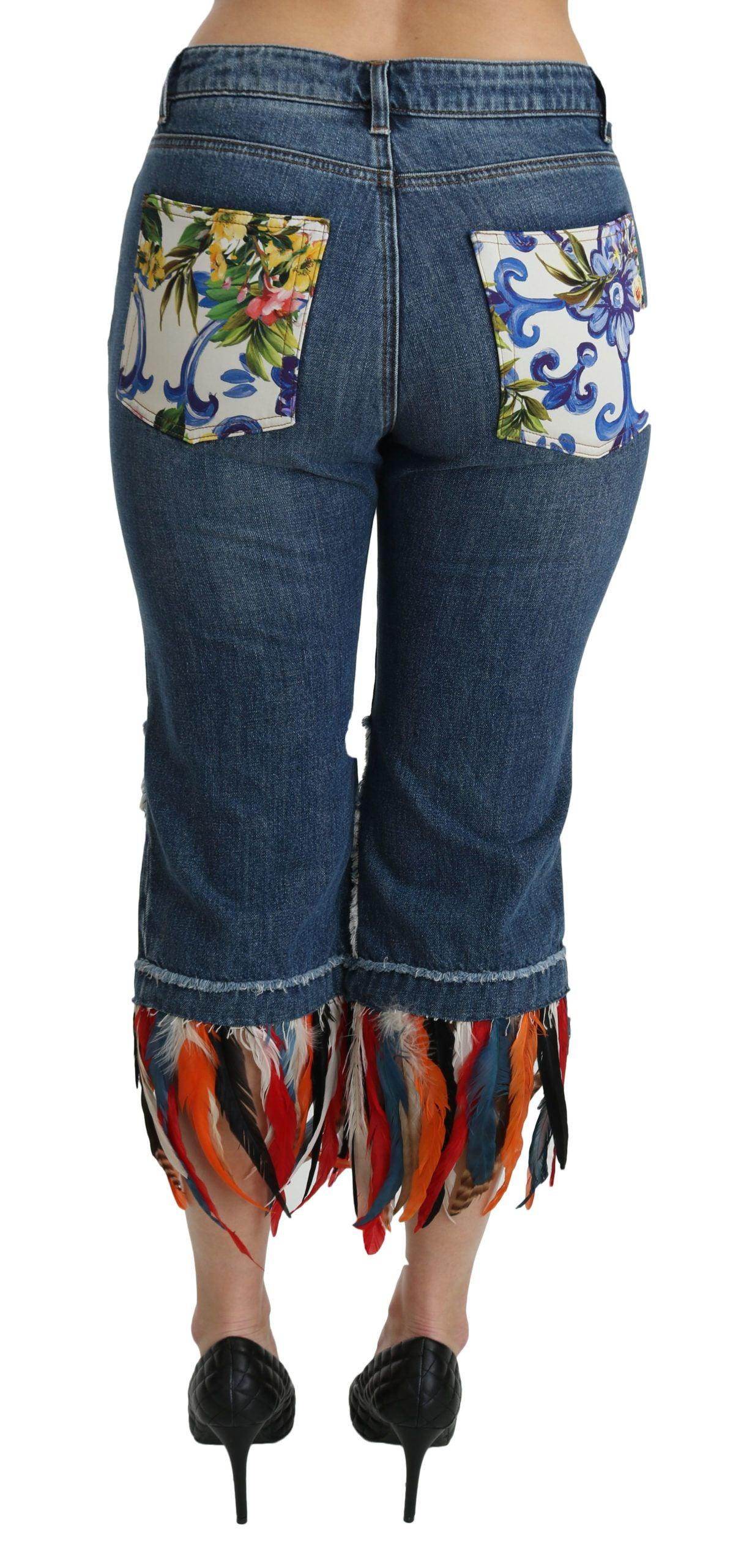 Dolce & Gabbana Blue Feathers Low Waist Cropped Cotton Jeans - Hilstor