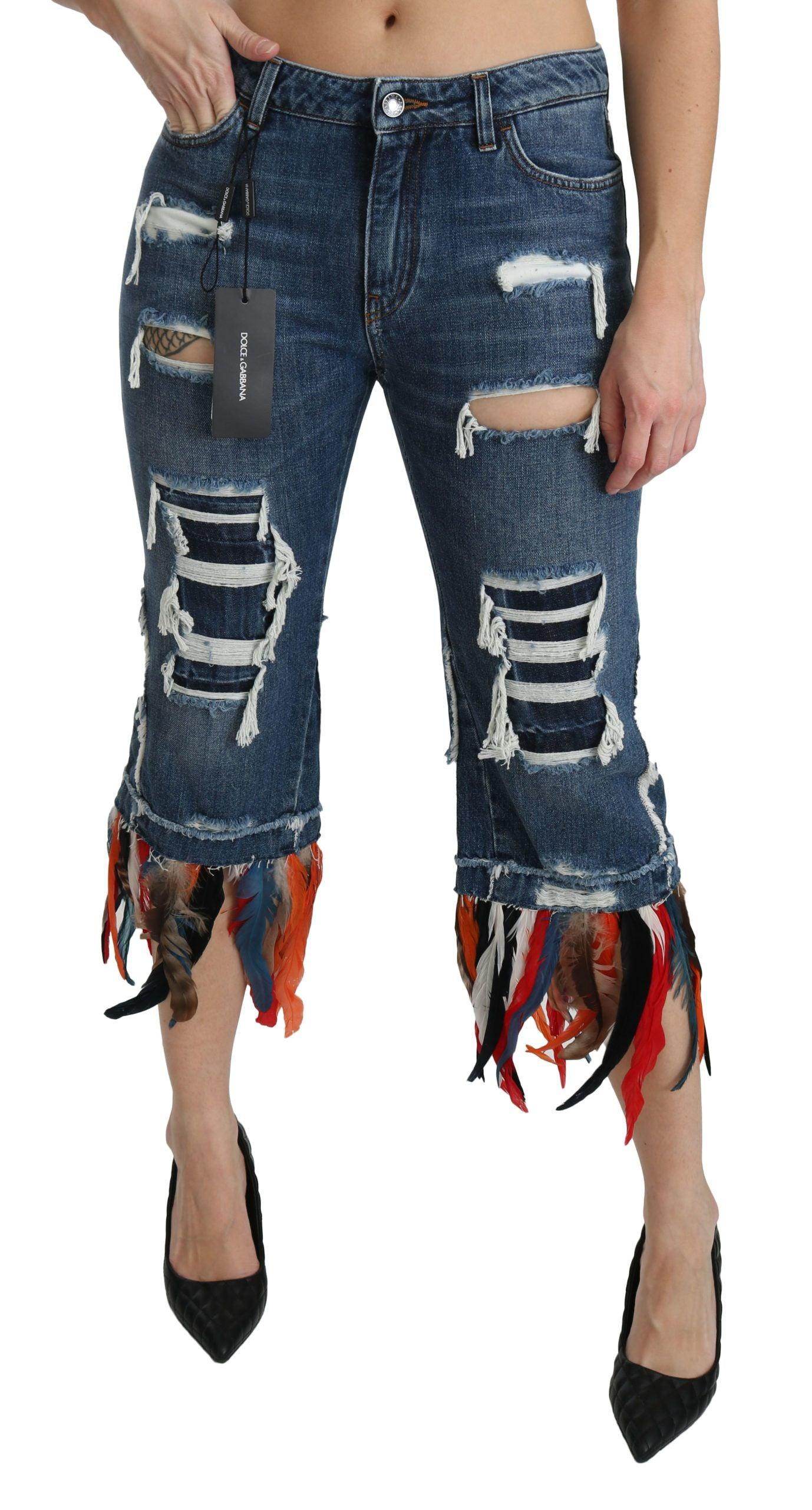 Dolce & Gabbana Blue Feathers Low Waist Cropped Cotton Jeans - Hilstor