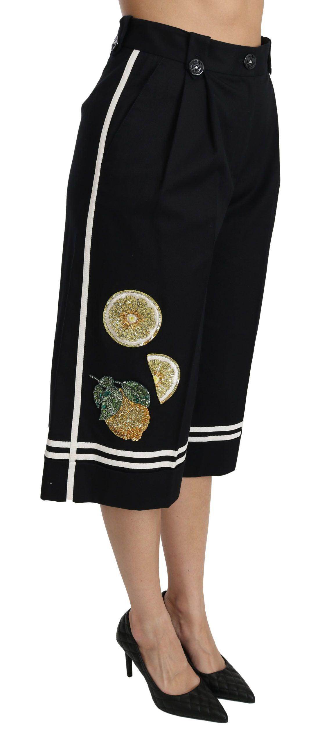 Dolce & Gabbana Black Lemon Embellished Palazzo Cropped Pants - Hilstor