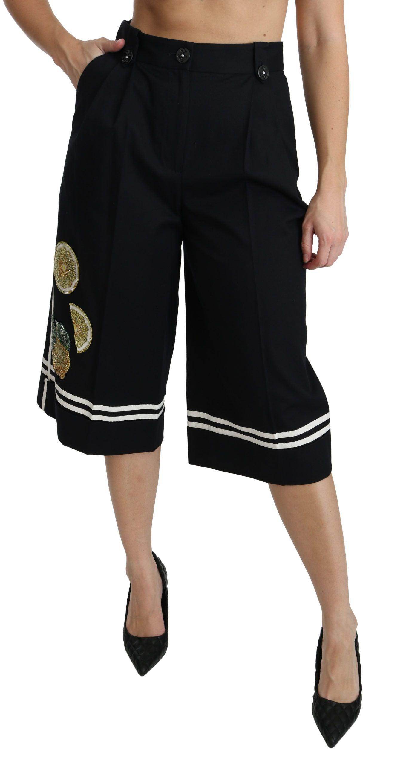 Dolce & Gabbana Black Lemon Embellished Palazzo Cropped Pants - Hilstor