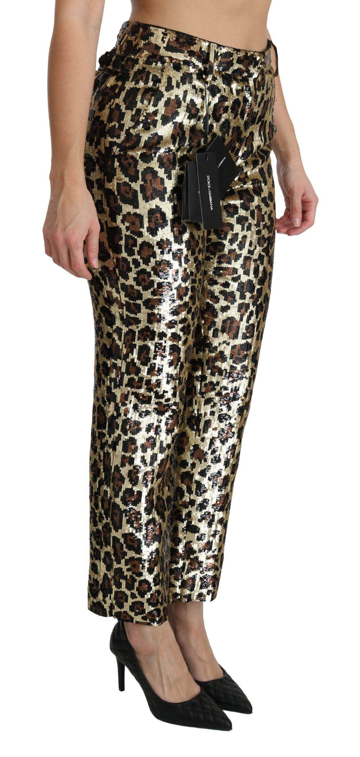 Dolce & Gabbana Brown Leopard Sequined High Waist Pants - Hilstor