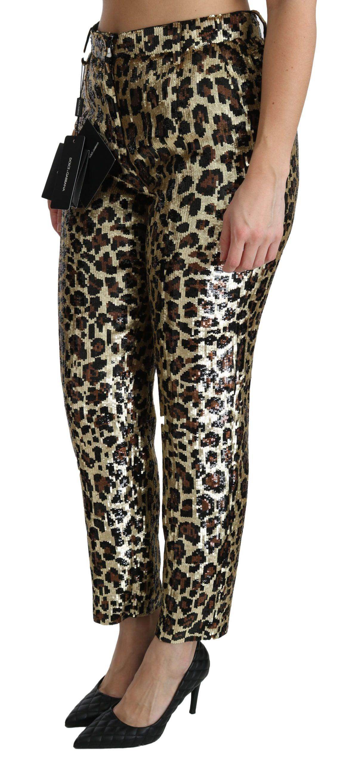 Dolce & Gabbana Brown Leopard Sequined High Waist Pants - Hilstor