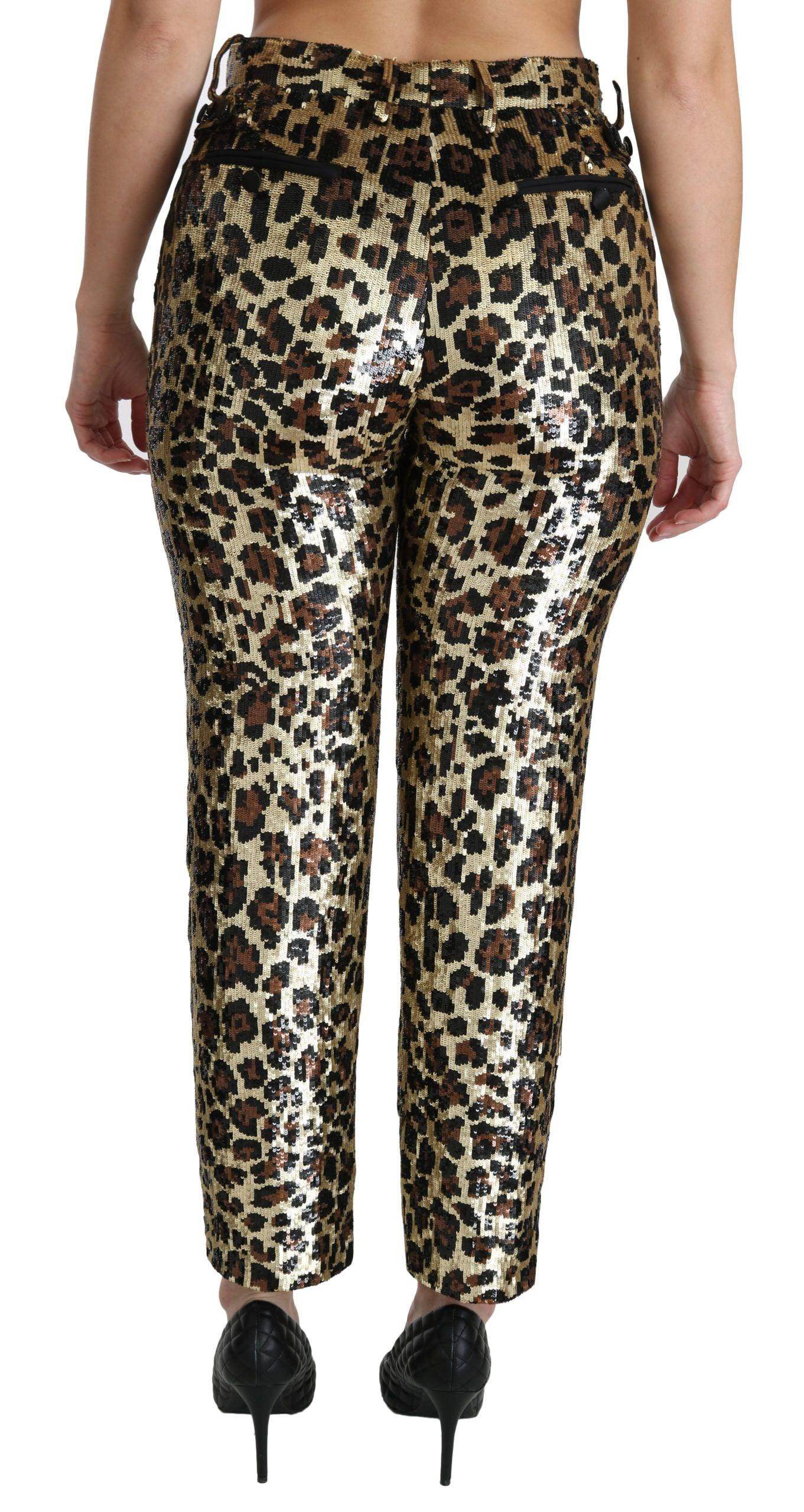 Dolce & Gabbana Brown Leopard Sequined High Waist Pants - Hilstor