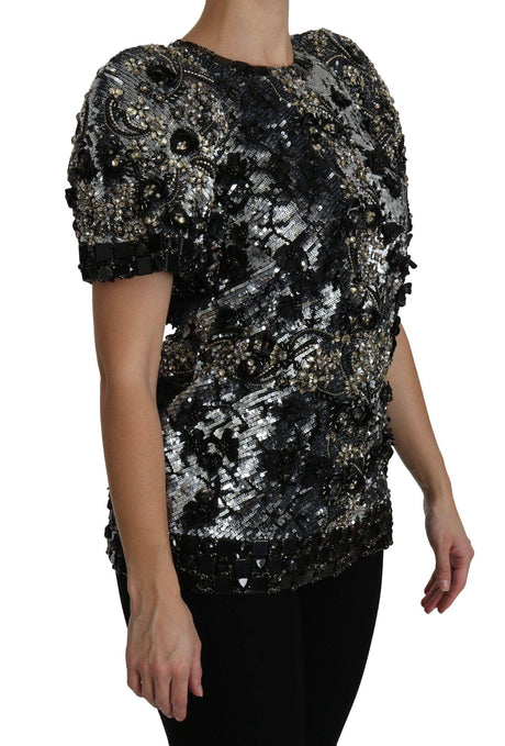 Dolce & Gabbana Black Sequined Crystal Embellished Top Blouse - Hilstor