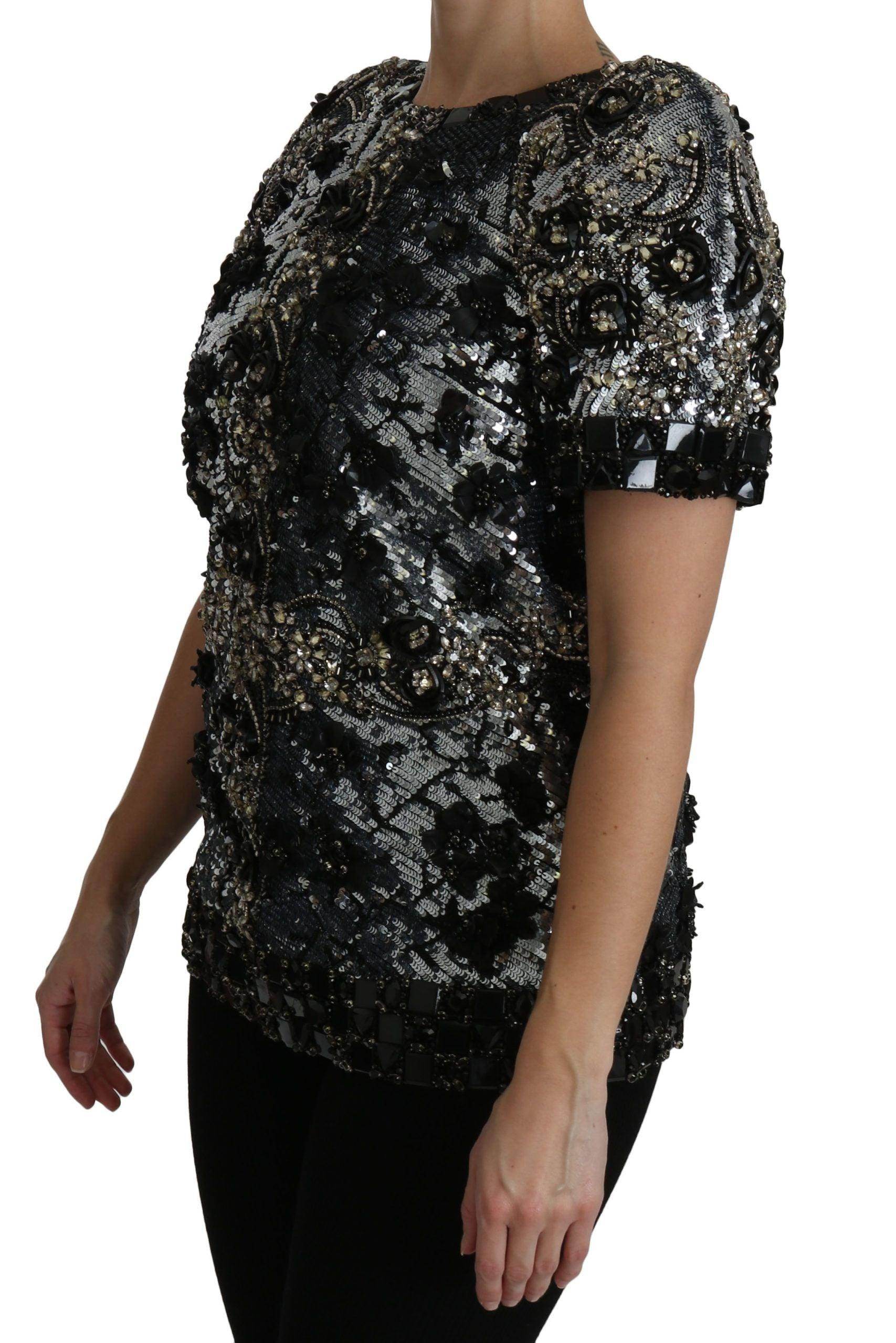 Dolce & Gabbana Black Sequined Crystal Embellished Top Blouse - Hilstor