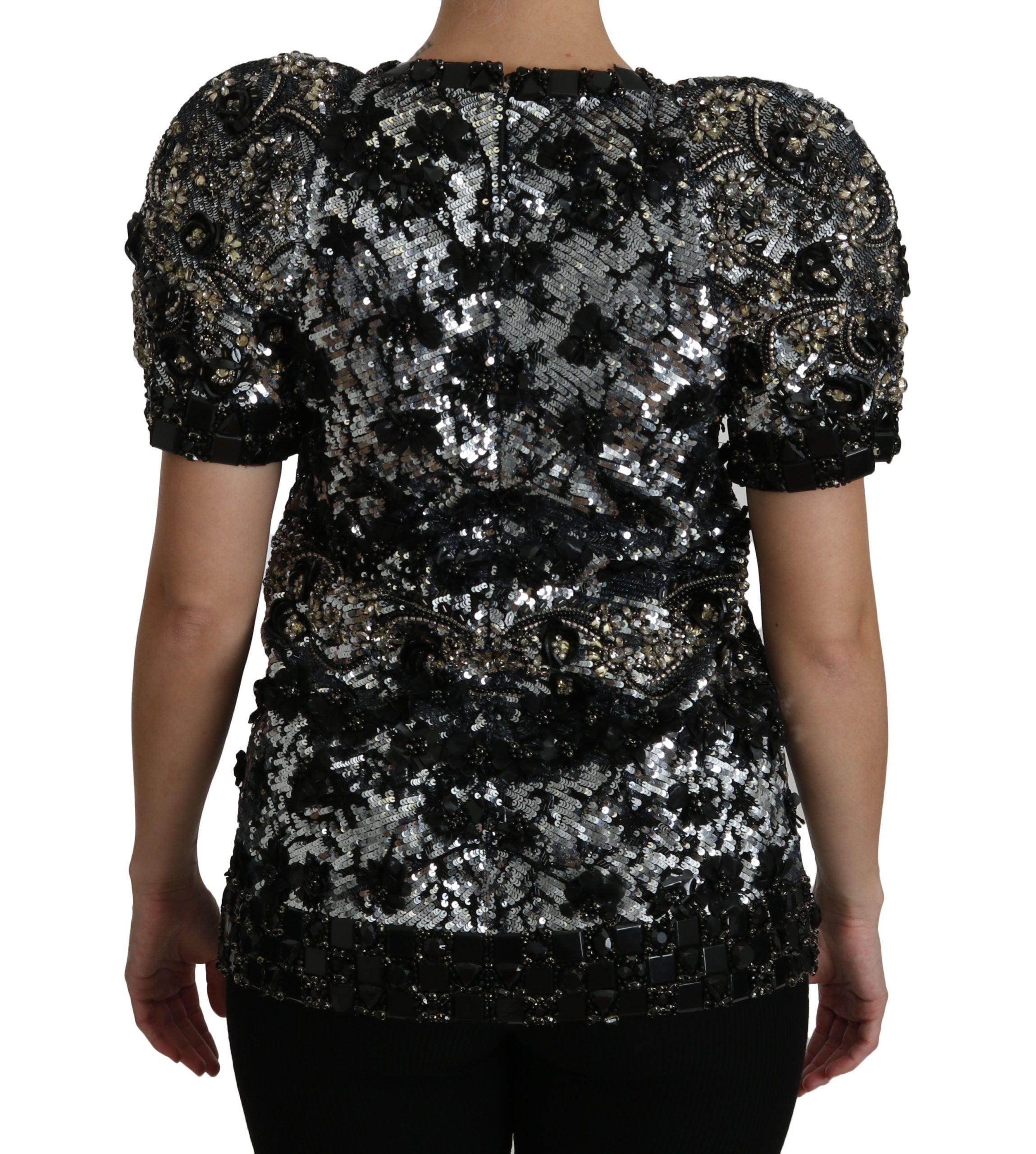Dolce & Gabbana Black Sequined Crystal Embellished Top Blouse - Hilstor