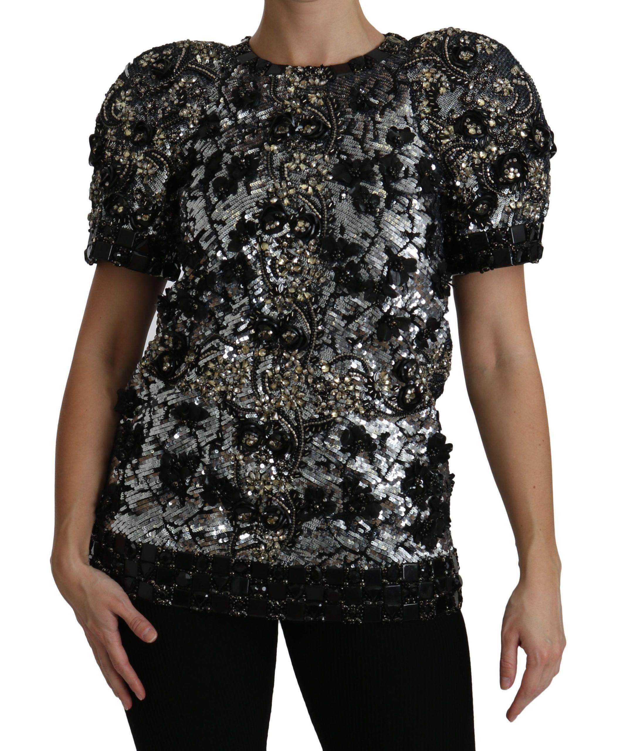 Dolce & Gabbana Black Sequined Crystal Embellished Top Blouse - Hilstor