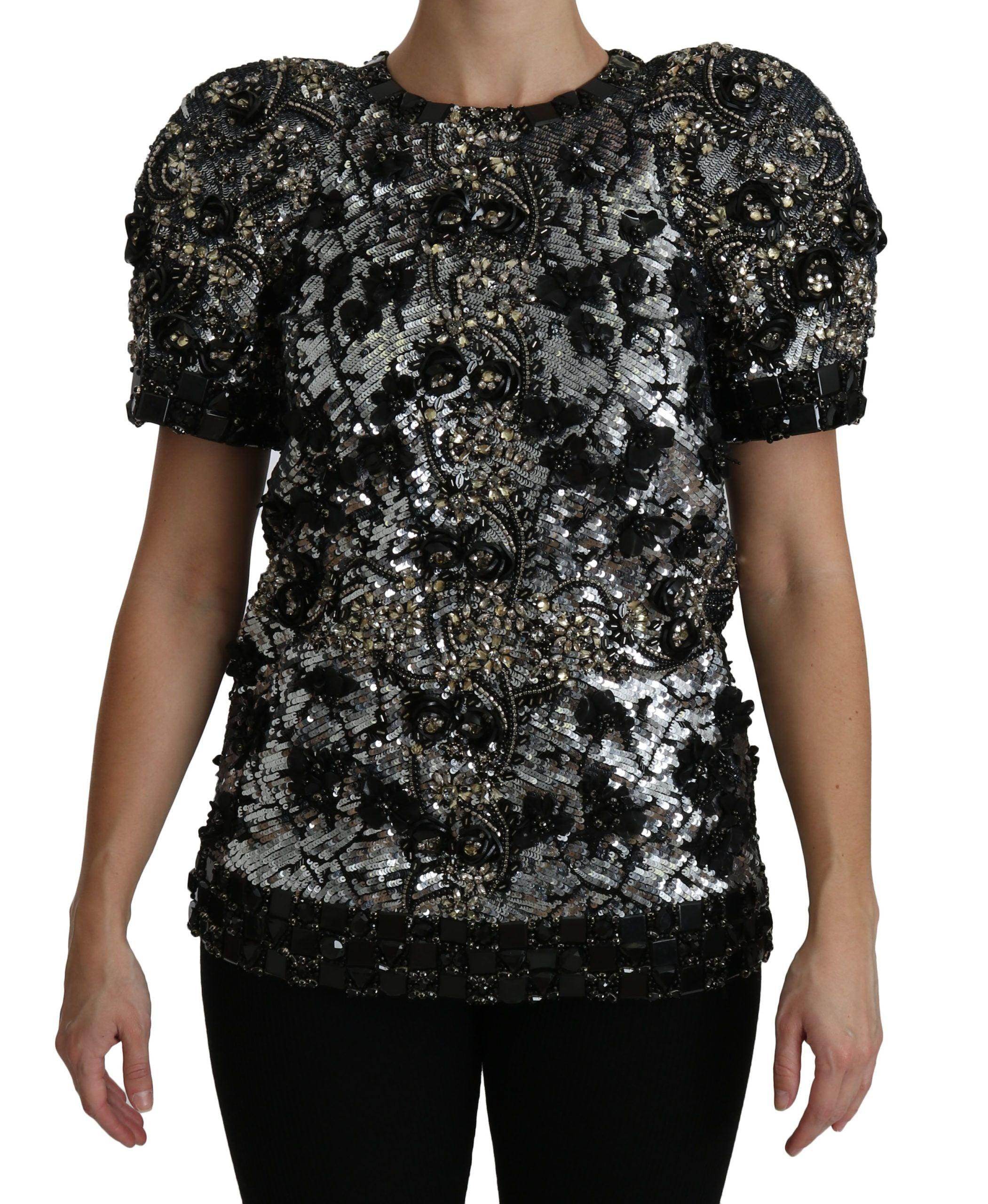 Dolce & Gabbana Black Sequined Crystal Embellished Top Blouse - Hilstor