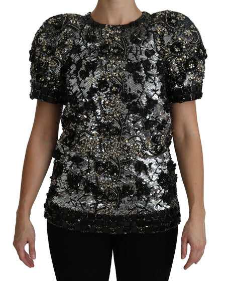 Dolce & Gabbana Black Sequined Crystal Embellished Top Blouse - Hilstor