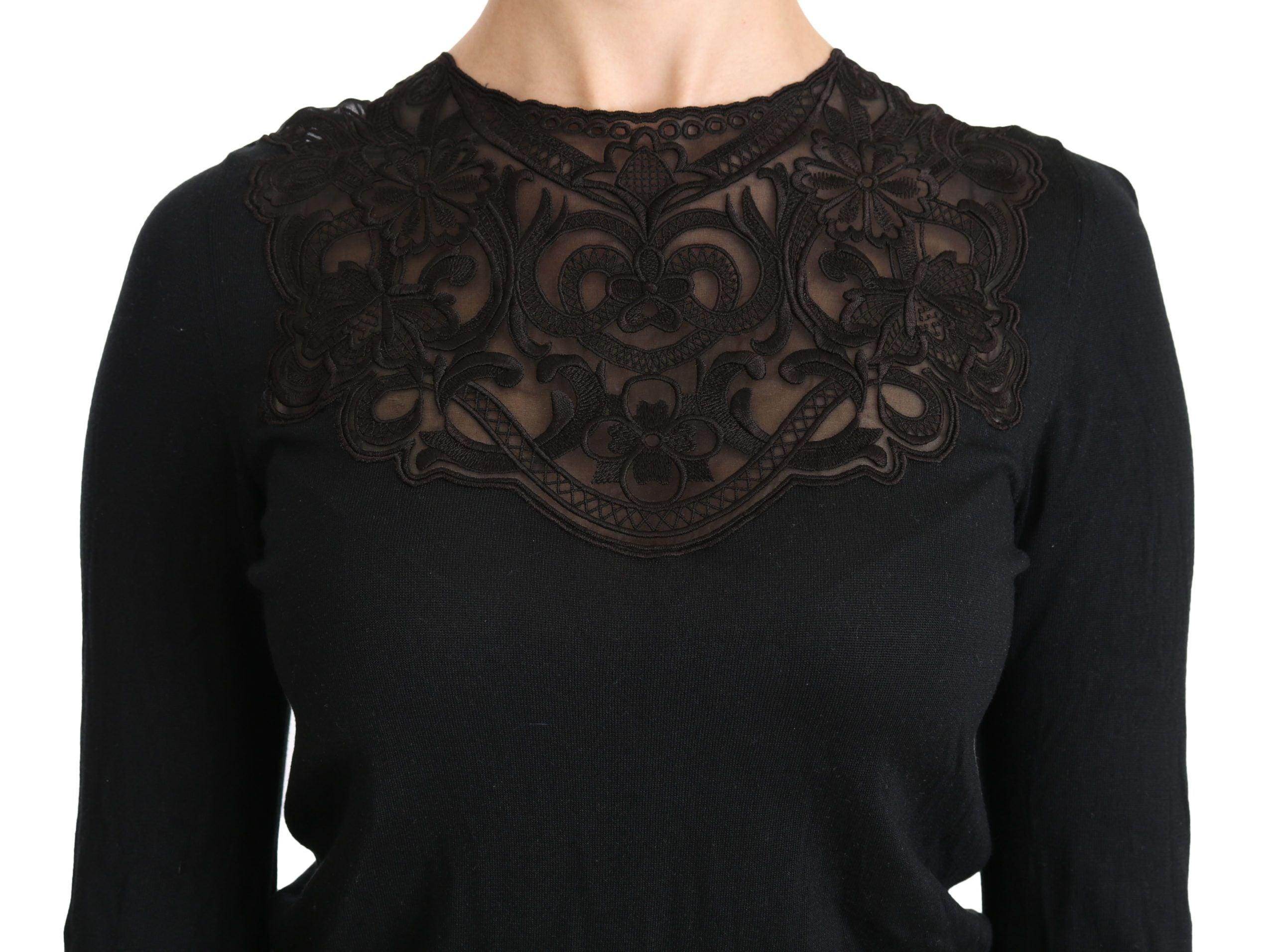 Dolce & Gabbana Black Silk Lace Crew Neck Long Sleeve Blouse - Hilstor