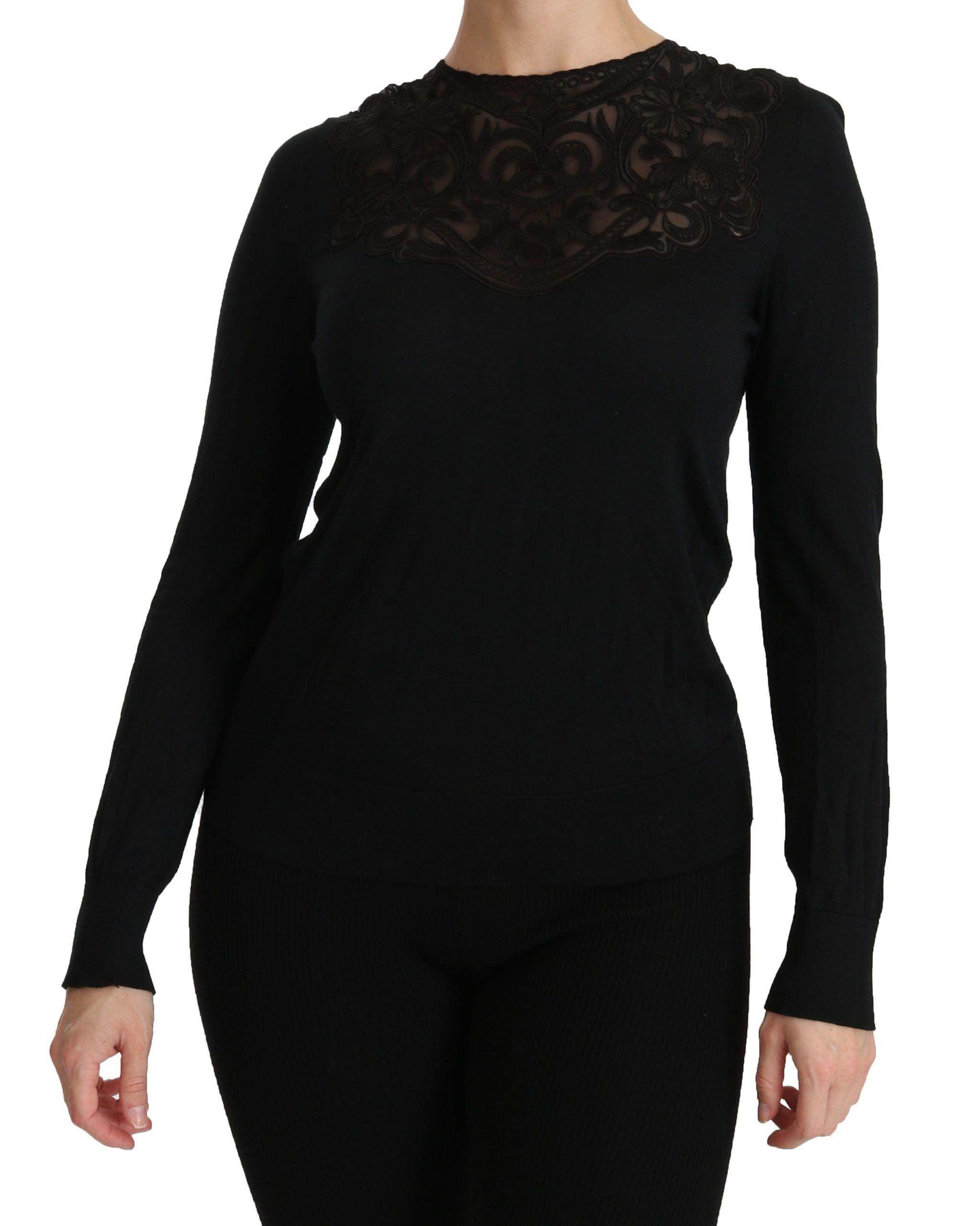 Dolce & Gabbana Black Silk Lace Crew Neck Long Sleeve Blouse - Hilstor