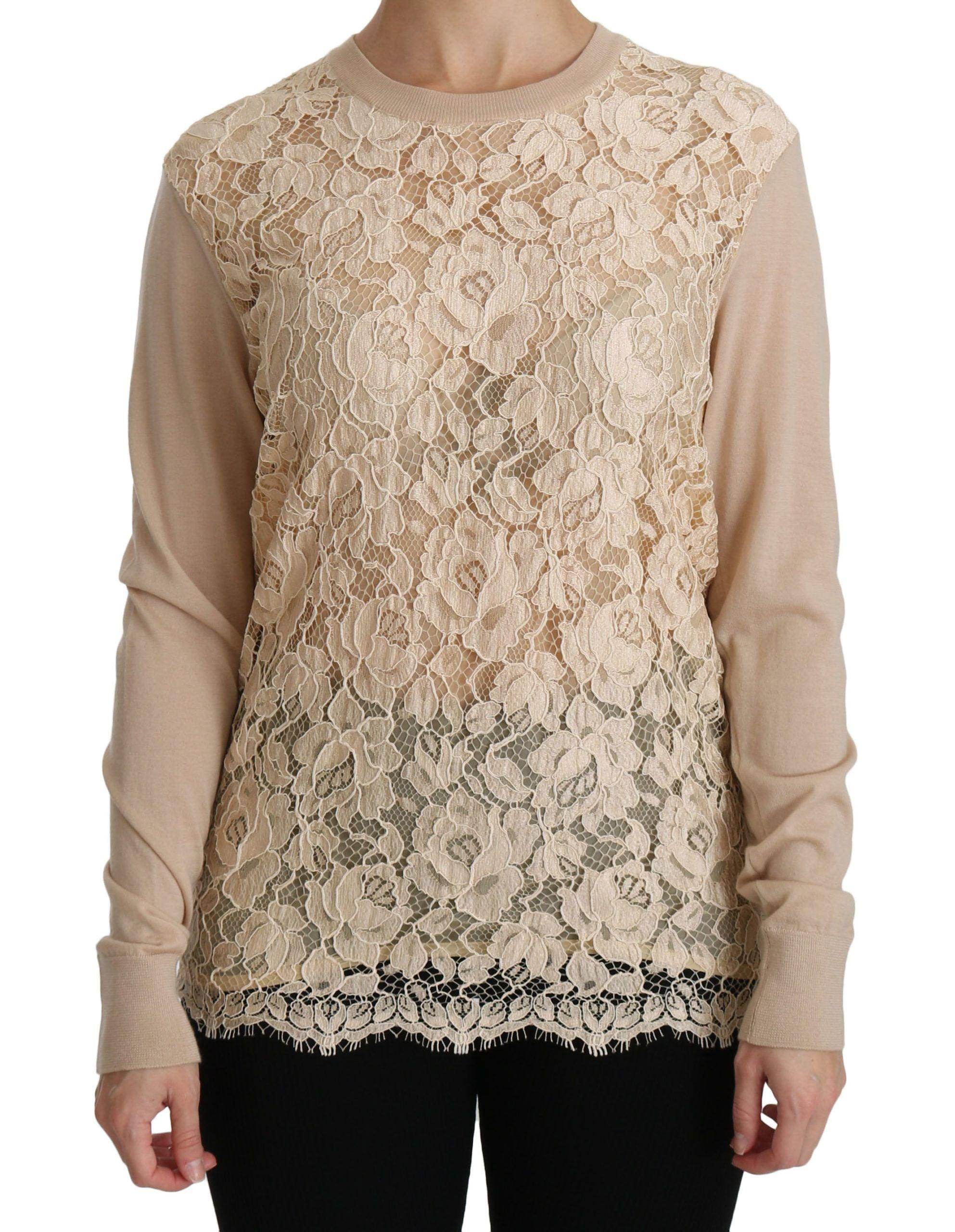 Dolce & Gabbana Beige Lace Long Sleeve Top Cashmere Blouse - Hilstor