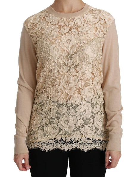 Dolce & Gabbana Beige Lace Long Sleeve Top Cashmere Blouse - Hilstor