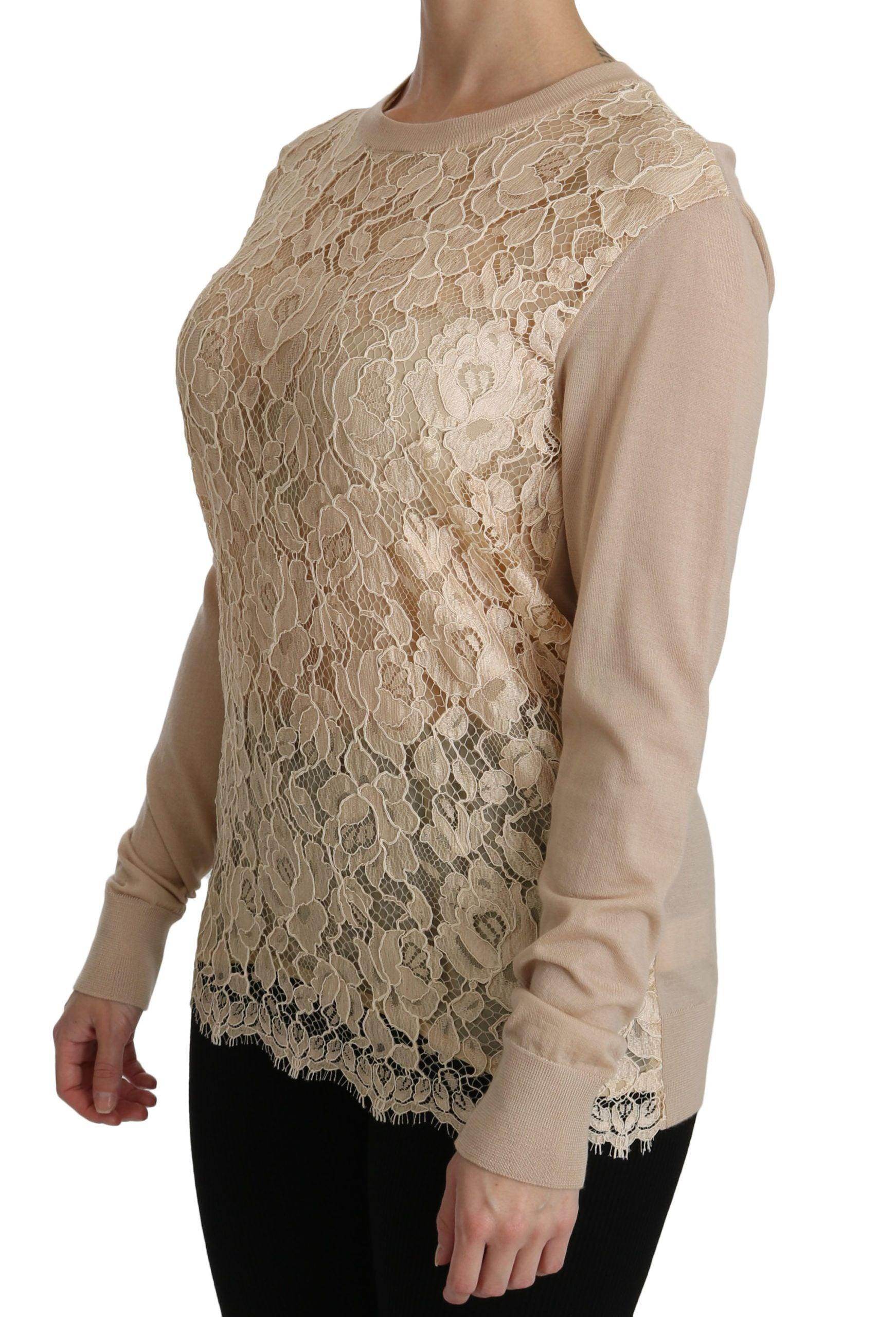 Dolce & Gabbana Beige Lace Long Sleeve Top Cashmere Blouse - Hilstor