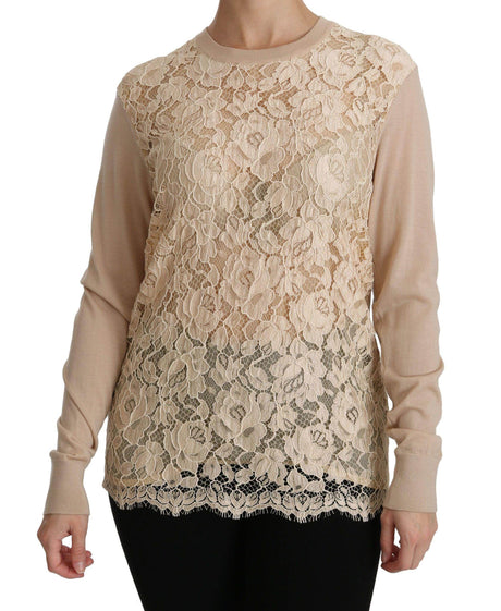 Dolce & Gabbana Beige Lace Long Sleeve Top Cashmere Blouse - Hilstor