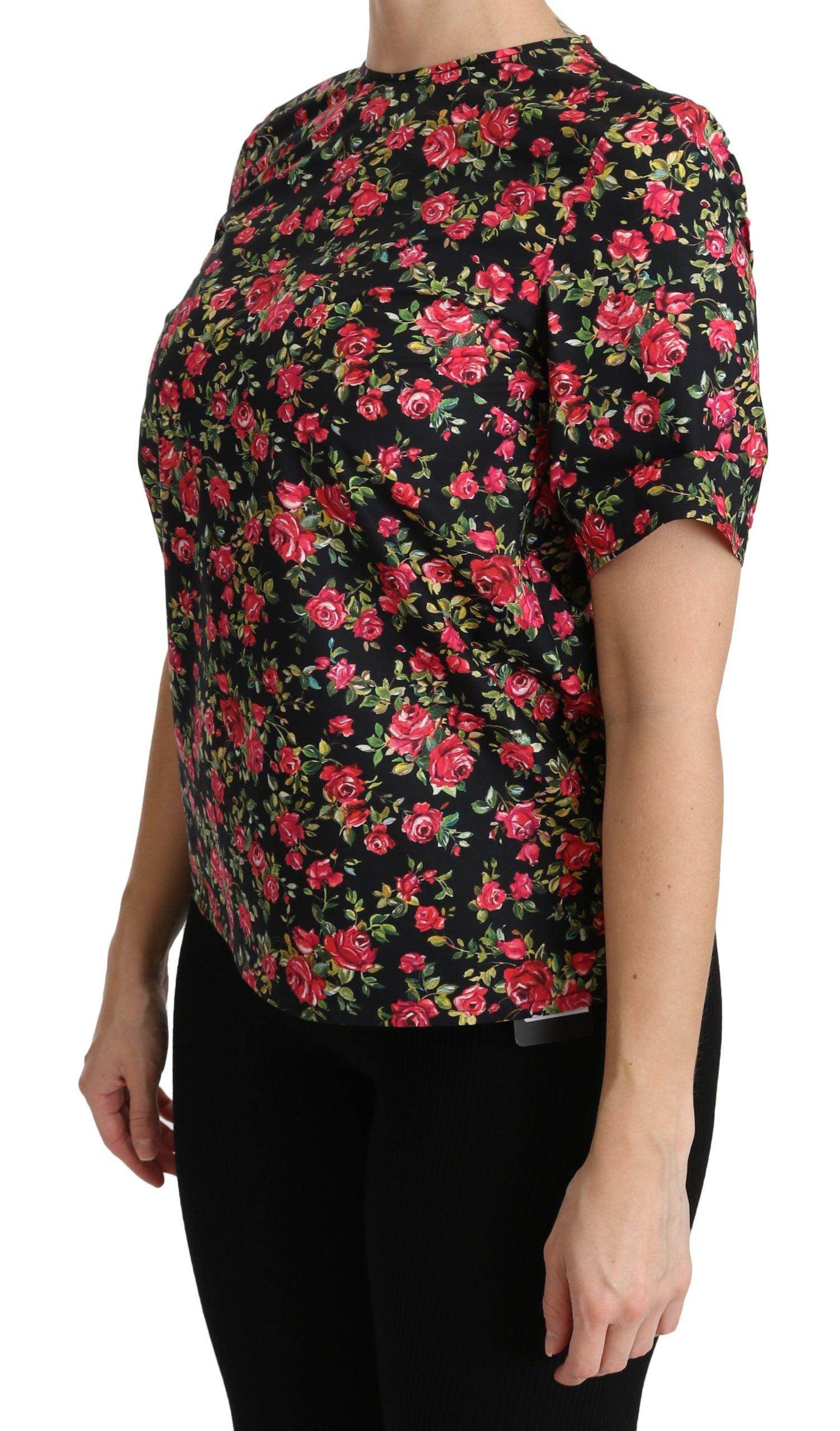 Dolce & Gabbana Black Floral Roses Short Sleeve Top Blouse - Hilstor