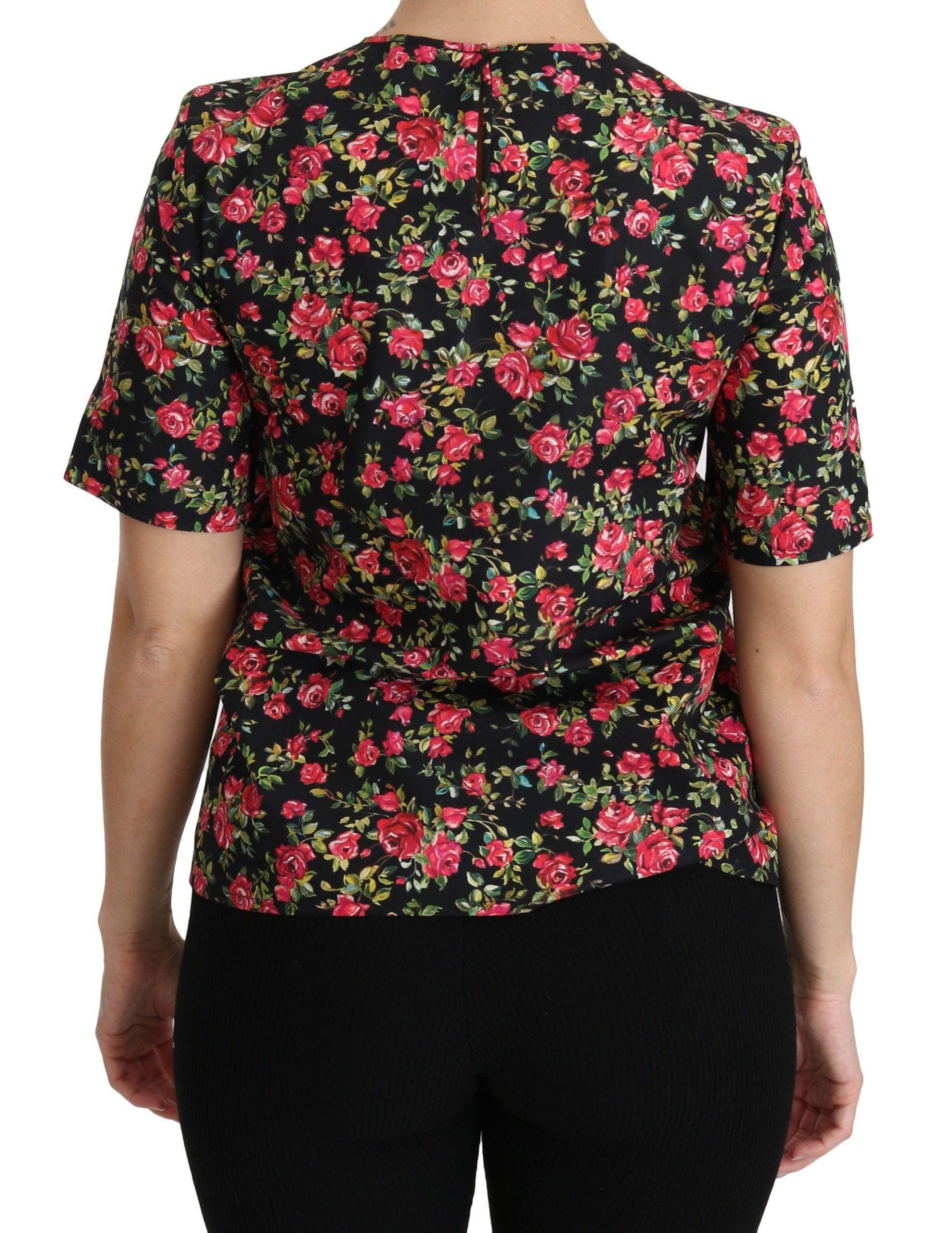 Dolce & Gabbana Black Floral Roses Short Sleeve Top Blouse - Hilstor