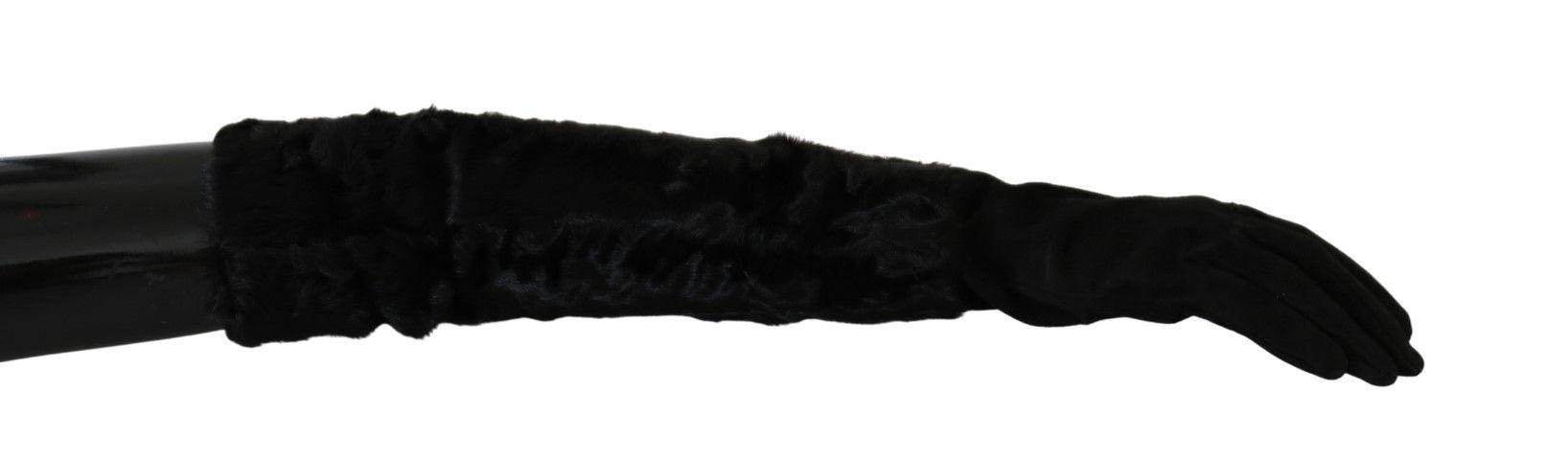 Dolce & Gabbana Black Elbow Length Mitten Suede Fur Gloves - Hilstor
