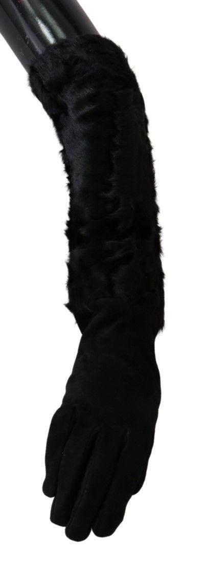 Dolce & Gabbana Black Elbow Length Mitten Suede Fur Gloves - Hilstor