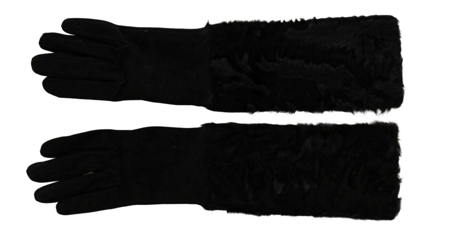 Dolce & Gabbana Black Elbow Length Mitten Suede Fur Gloves - Hilstor